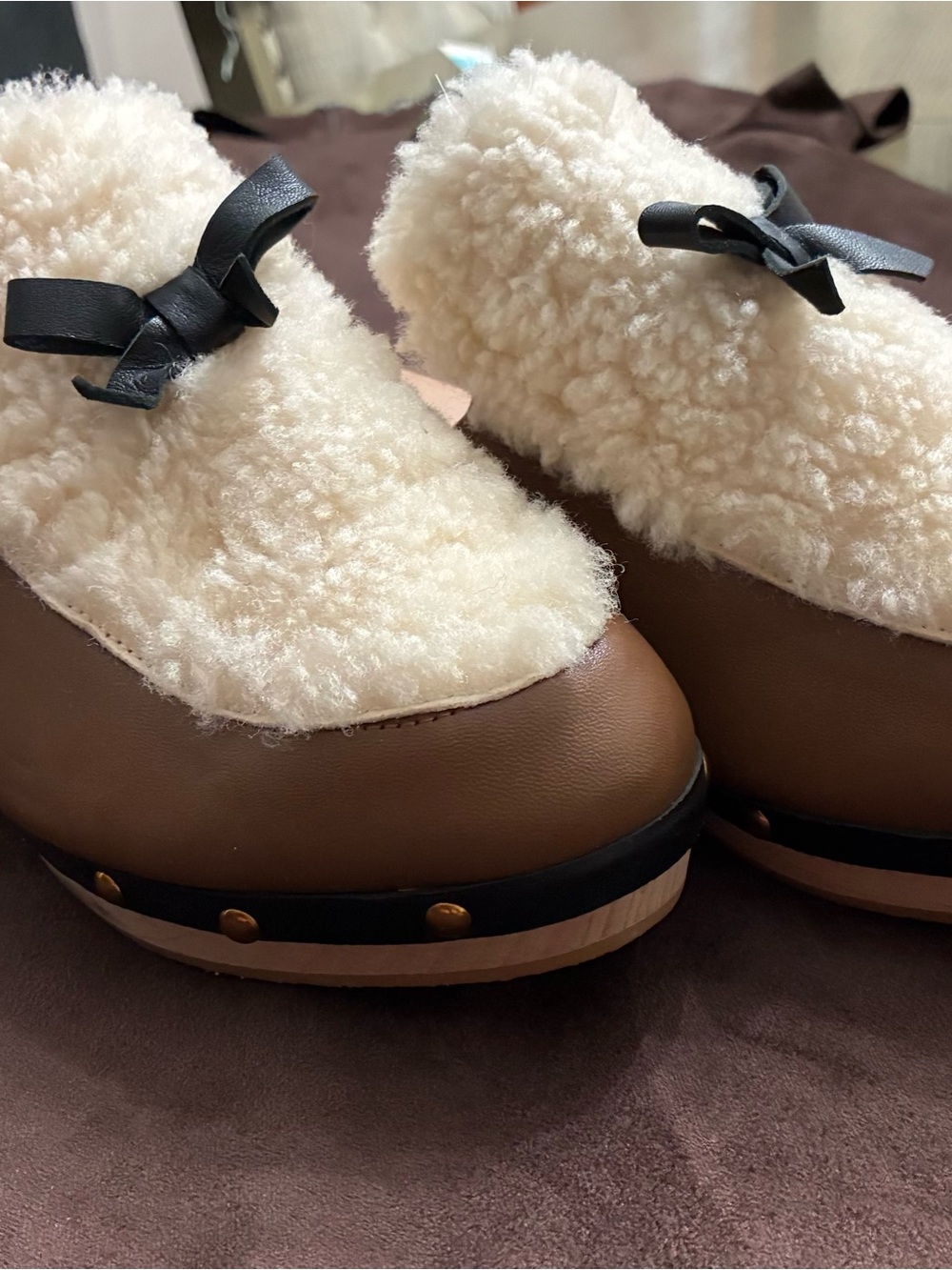 Black Brand Brown Faux-Leather Mules with Cream Shearling and Black Bow